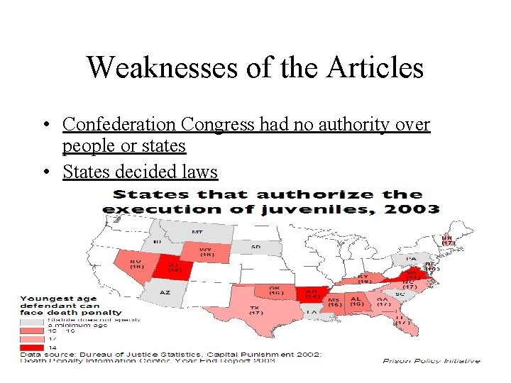 Weaknesses of the Articles • Confederation Congress had no authority over people or states
