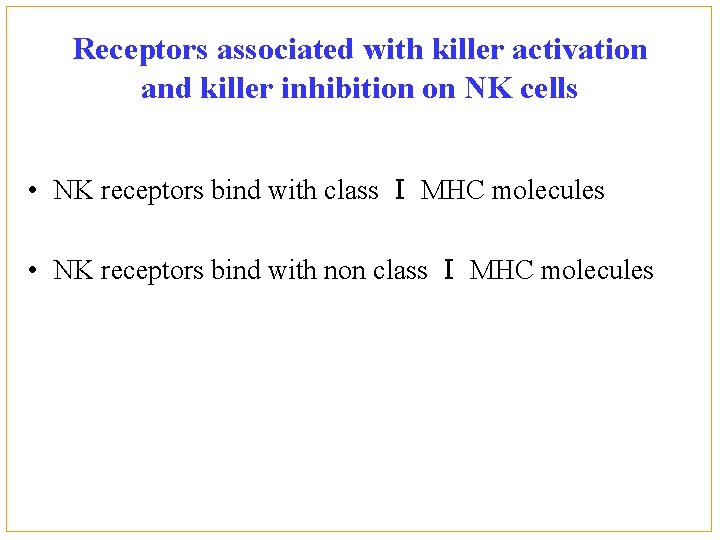 Receptors associated with killer activation and killer inhibition on NK cells • NK receptors