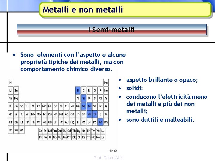 Metalli e non metalli I Semi-metalli • Sono elementi con l’aspetto e alcune proprietà