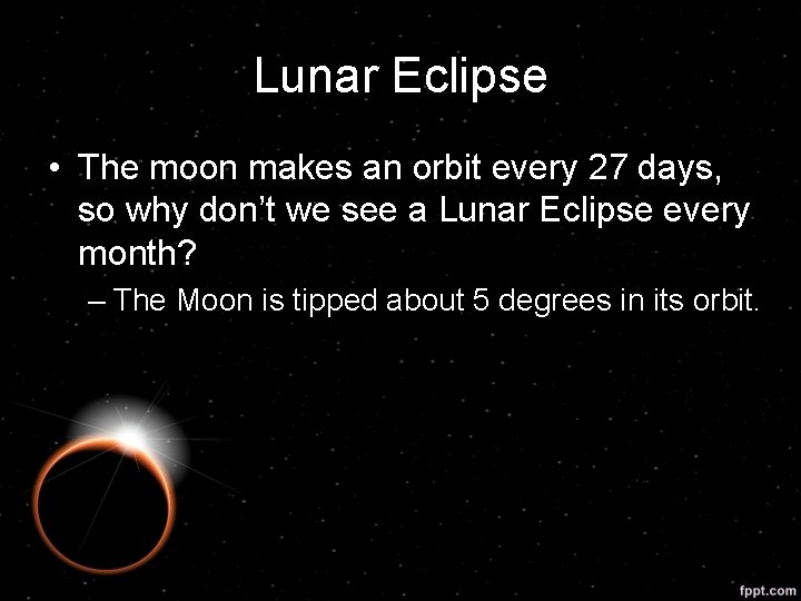 Lunar Eclipse • The moon makes an orbit every 27 days, so why don’t