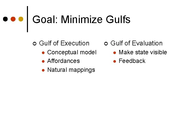 Goal: Minimize Gulfs ¢ Gulf of Execution l l l Conceptual model Affordances Natural
