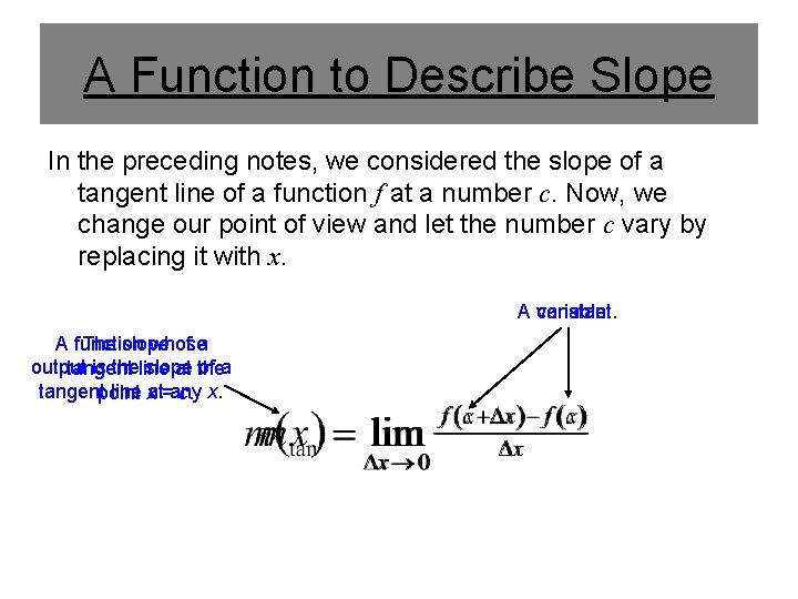 A Function to Describe Slope In the preceding notes, we considered the slope of A Function to Describe Slope In the preceding notes, we considered the slope of
