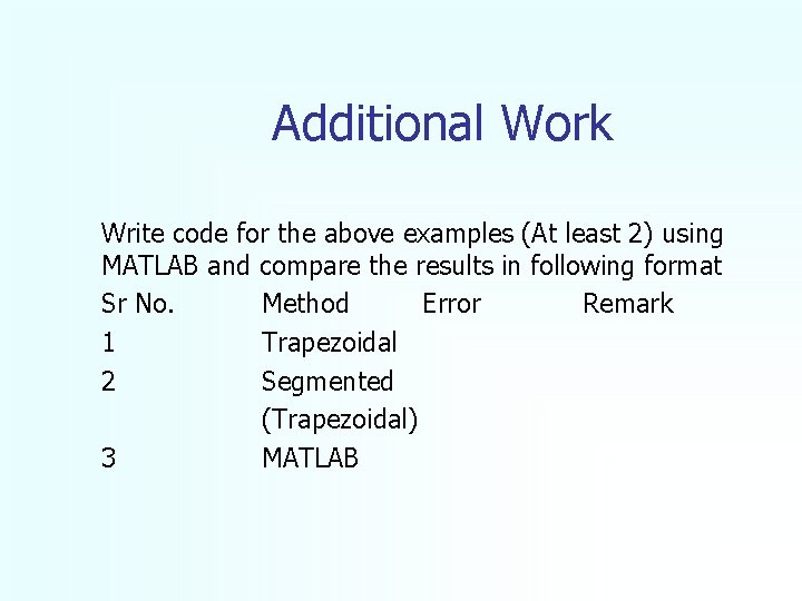 Additional Work Write code for the above examples (At least 2) using MATLAB and