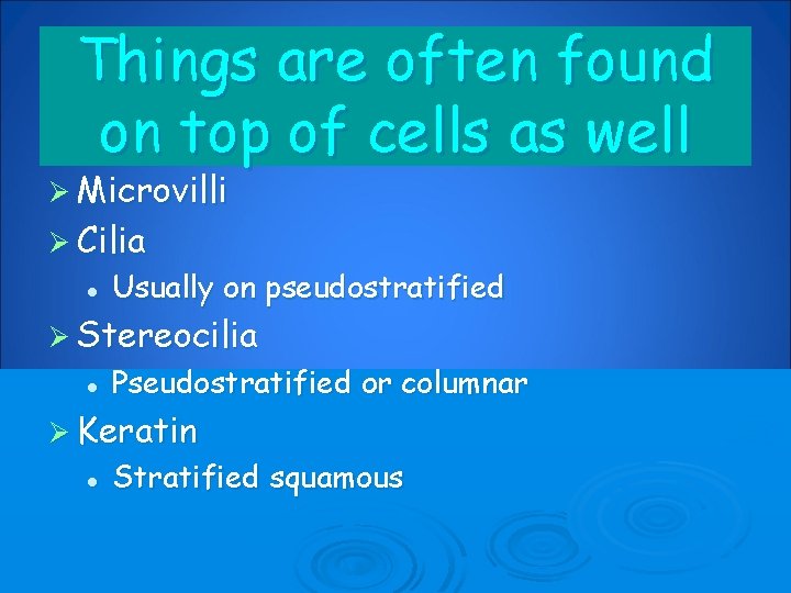 Things are often found on top of cells as well Ø Microvilli Ø Cilia