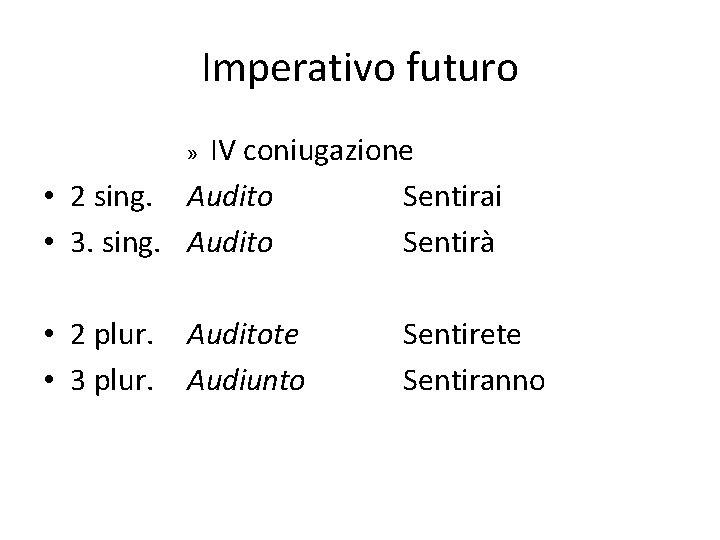 Imperativo futuro IV coniugazione • 2 sing. Audito Sentirai • 3. sing. Audito Sentirà