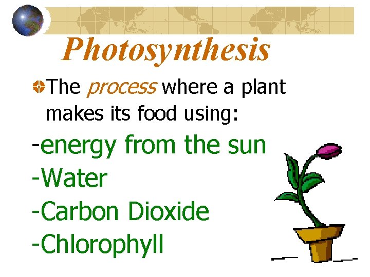 Photosynthesis The process where a plant makes its food using: -energy from the sun