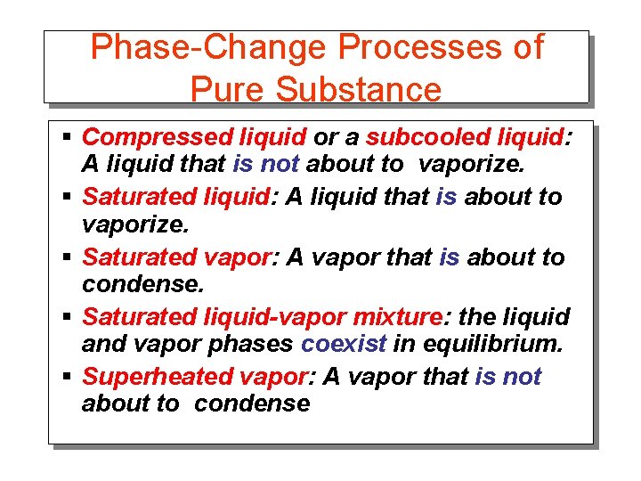 Phase-Change Processes of Pure Substance § Compressed liquid or a subcooled liquid: A liquid