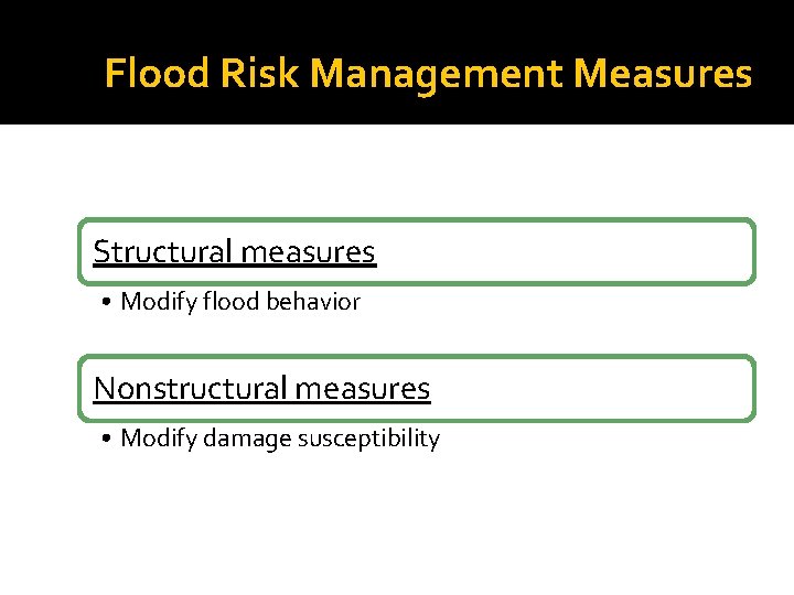 Flood Risk Management Measures Structural measures • Modify flood behavior Nonstructural measures • Modify