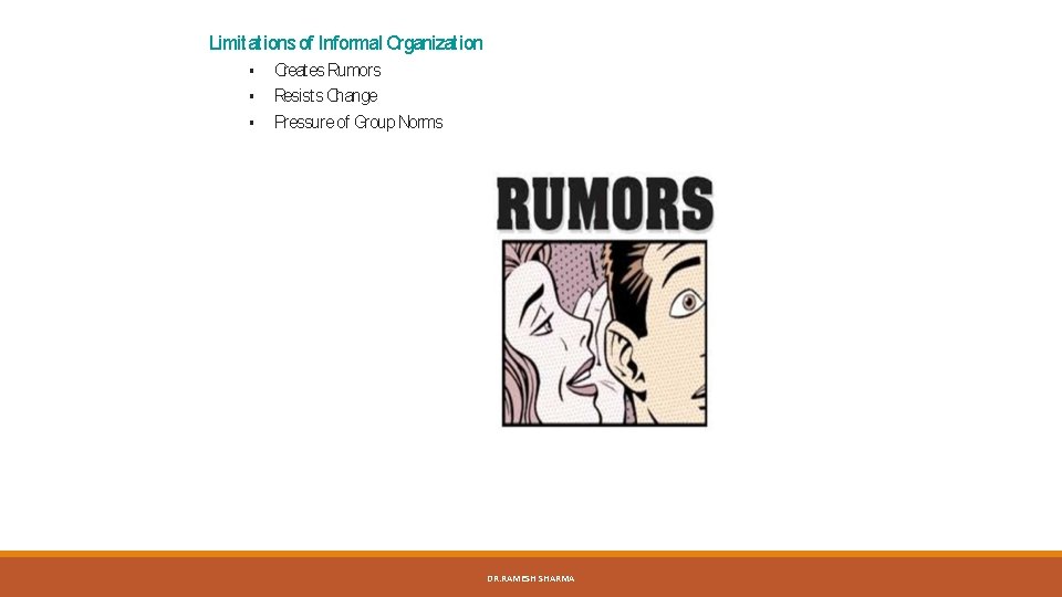 Limitations of Informal Organization Creates Rumors Resists Change Pressure of Group Norms DR. RAMESH
