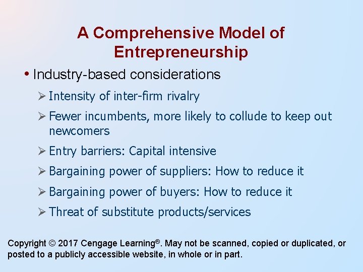 A Comprehensive Model of Entrepreneurship • Industry-based considerations Intensity of inter-firm rivalry Fewer incumbents, A Comprehensive Model of Entrepreneurship • Industry-based considerations Intensity of inter-firm rivalry Fewer incumbents,
