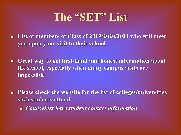 The “SET” List n n n List of members of Class of 2019/2020/2021 who