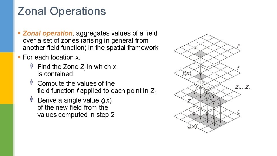 Zonal Operations § Zonal operation: aggregates values of a field over a set of