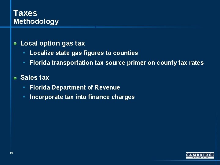 Taxes Methodology Local option gas tax • Localize state gas figures to counties •