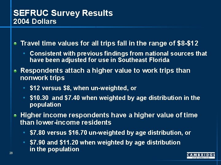 SEFRUC Survey Results 2004 Dollars Travel time values for all trips fall in the