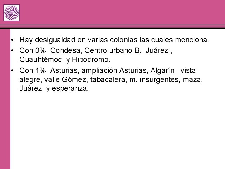  • Hay desigualdad en varias colonias las cuales menciona. • Con 0% Condesa,