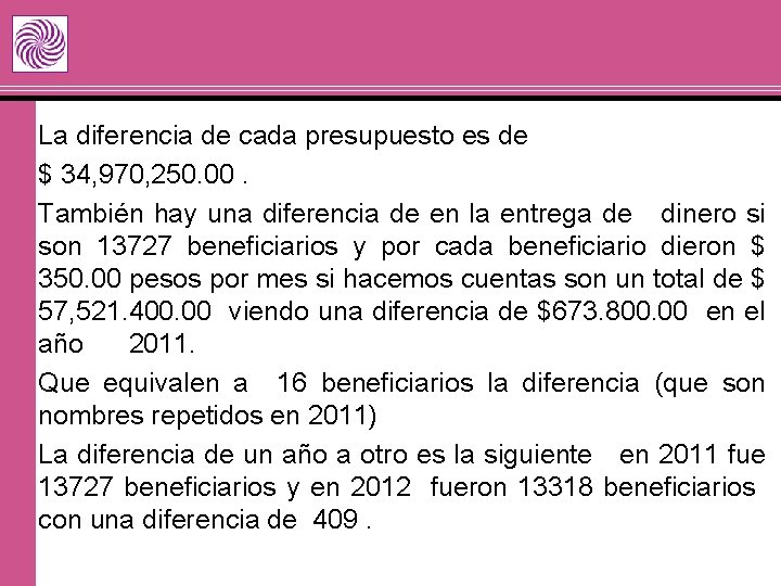 La diferencia de cada presupuesto es de $ 34, 970, 250. 00. También hay