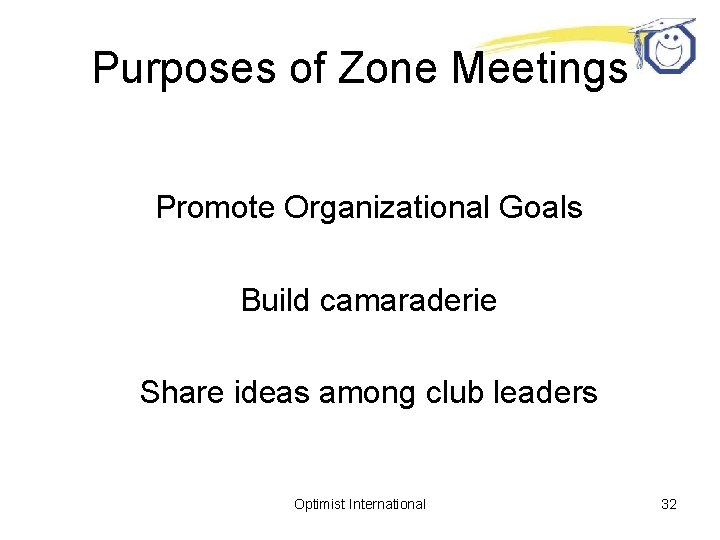 Purposes of Zone Meetings Promote Organizational Goals Build camaraderie Share ideas among club leaders