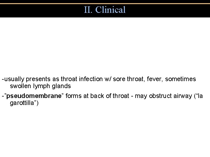 II. Clinical -usually presents as throat infection w/ sore throat, fever, sometimes swollen lymph