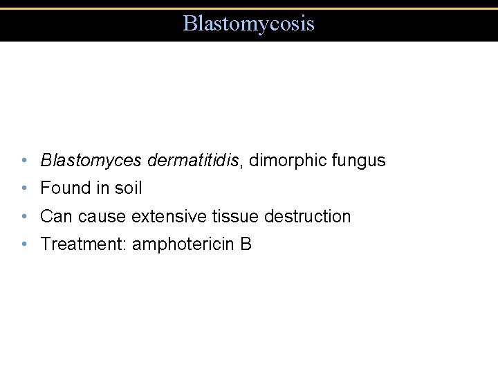 Blastomycosis • Blastomyces dermatitidis, dimorphic fungus • Found in soil • Can cause extensive