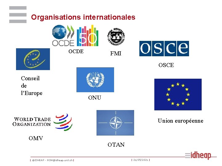 Organisations internationales OCDE FMI OSCE Conseil de l’Europe ONU Union européenne OMV | ©IDHEAP
