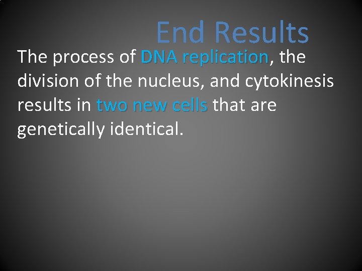 End Results The process of DNA replication, replication the division of the nucleus, and