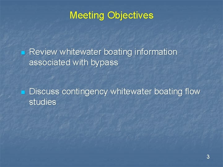 Meeting Objectives n Review whitewater boating information associated with bypass n Discuss contingency whitewater Meeting Objectives n Review whitewater boating information associated with bypass n Discuss contingency whitewater