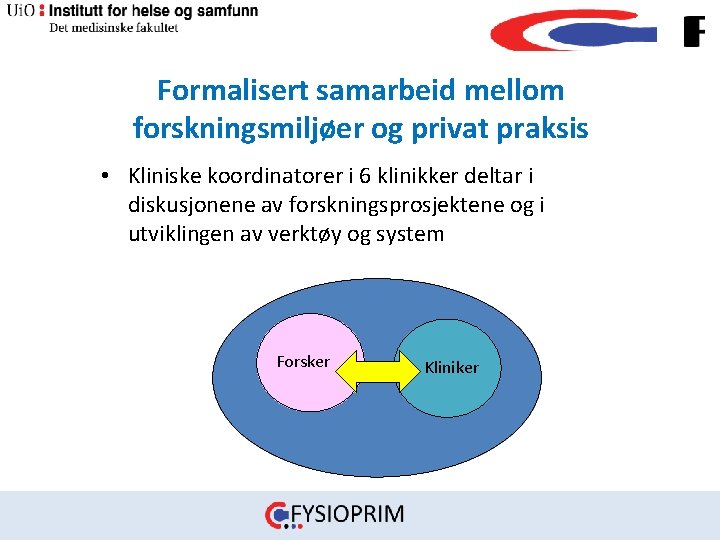 Formalisert samarbeid mellom forskningsmiljøer og privat praksis • Kliniske koordinatorer i 6 klinikker deltar