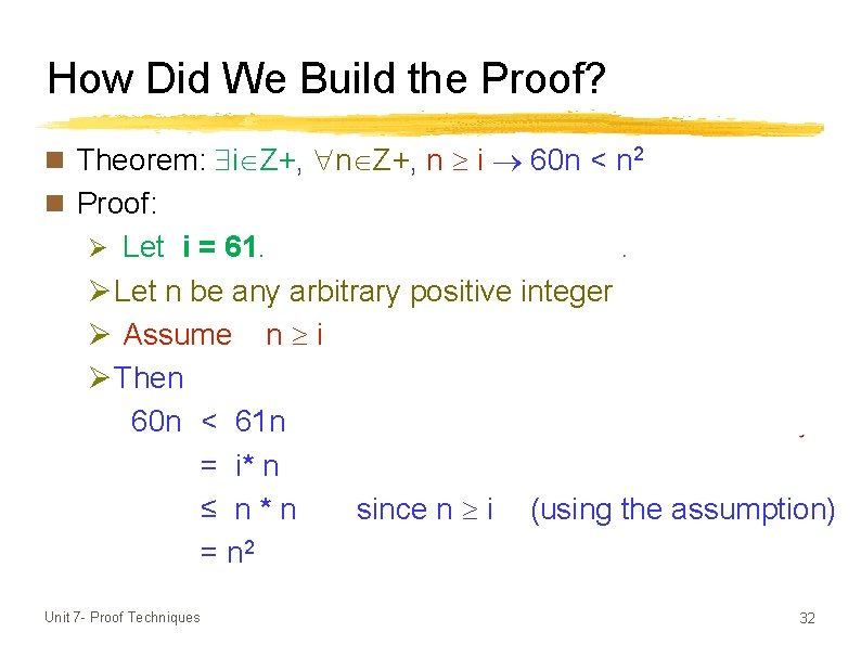 How Did We Build the Proof? n Theorem: i Z+, n Z+, n i