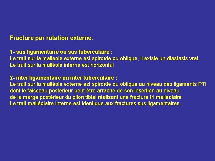 Fracture par rotation externe. 1 - sus ligamentaire ou sus tuberculaire : Le trait Fracture par rotation externe. 1 - sus ligamentaire ou sus tuberculaire : Le trait