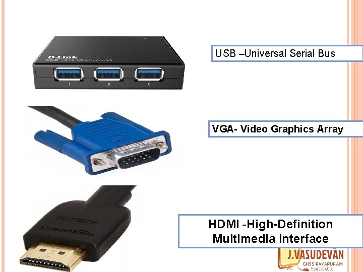 USB –Universal Serial Bus VGA- Video Graphics Array HDMI -High-Definition Multimedia Interface 