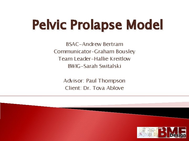 Pelvic Prolapse Model BSAC-Andrew Bertram Communicator-Graham Bousley Team Leader-Hallie Kreitlow BWIG-Sarah Switalski Advisor: Paul