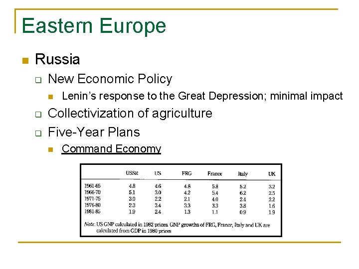 Eastern Europe n Russia q New Economic Policy n q q Lenin’s response to