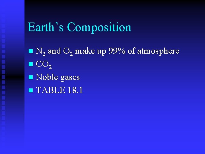 Earth’s Composition N 2 and O 2 make up 99% of atmosphere n CO