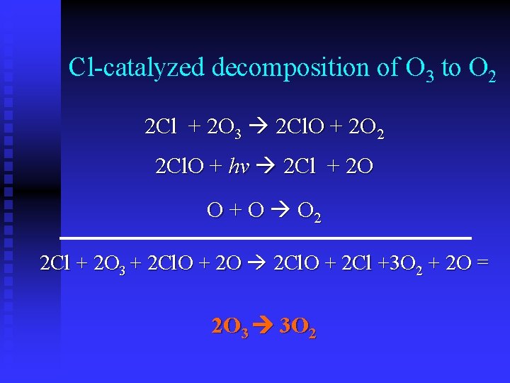 Cl-catalyzed decomposition of O 3 to O 2 2 Cl + 2 O 3