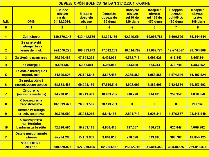OBVEZE OPĆIH BOLNICA NA DAN 31. 12. 2004. GODINE R. B. OPIS Ukupne obveze