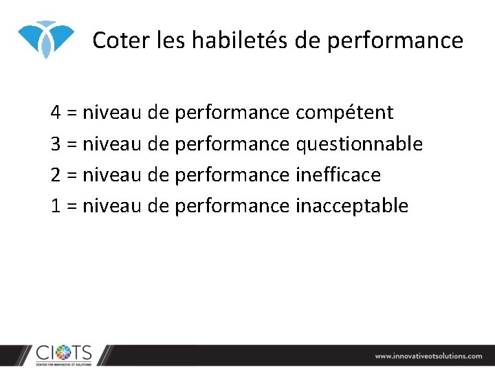 Coter les habiletés de performance 4 = niveau de performance compétent 3 = niveau Coter les habiletés de performance 4 = niveau de performance compétent 3 = niveau