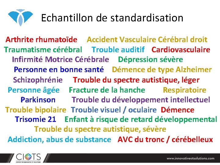 Echantillon de standardisation Arthrite rhumatoïde Accident Vasculaire Cérébral droit Traumatisme cérébral Trouble auditif Cardiovasculaire Echantillon de standardisation Arthrite rhumatoïde Accident Vasculaire Cérébral droit Traumatisme cérébral Trouble auditif Cardiovasculaire