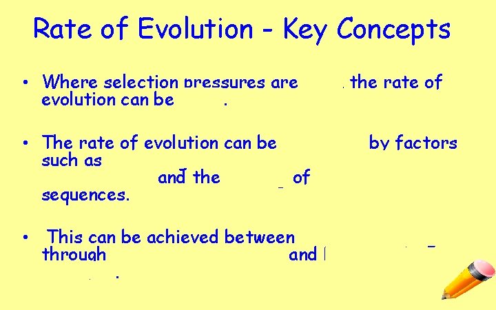 Rate of Evolution - Key Concepts • Where selection pressures are high, the rate