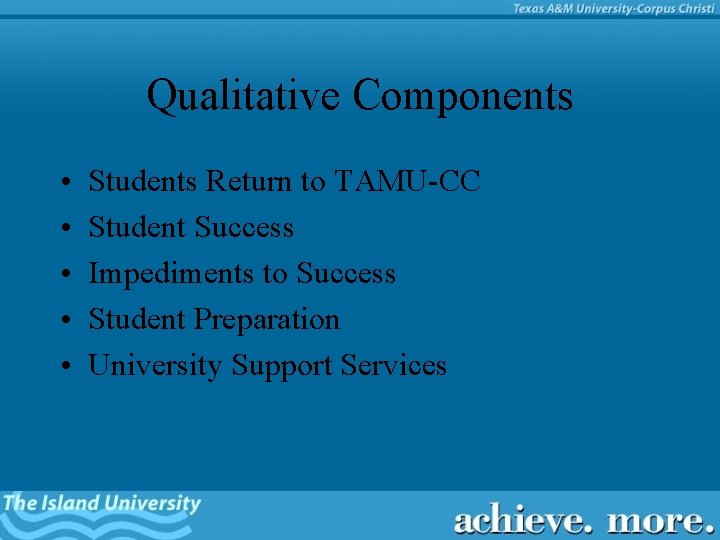 Qualitative Components • • • Students Return to TAMU-CC Student Success Impediments to Success