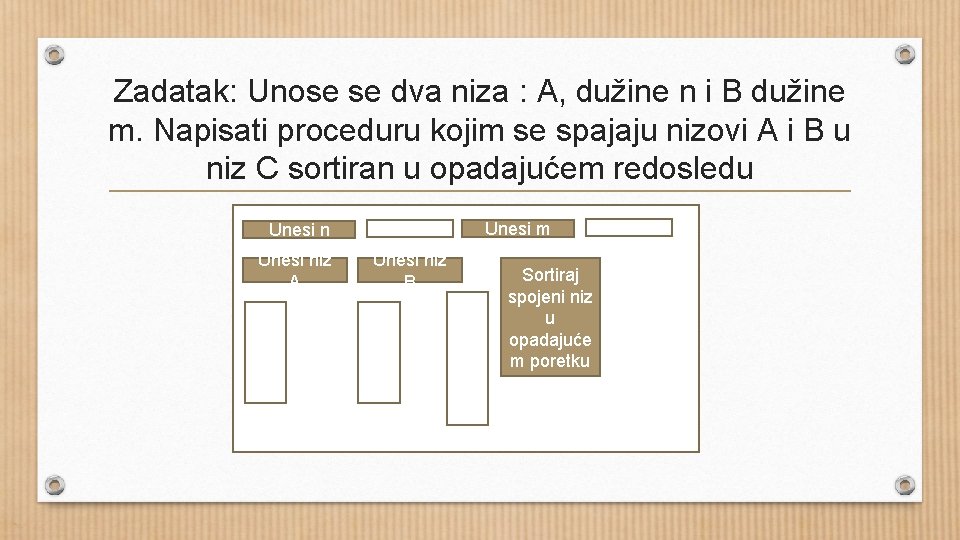 Zadatak: Unose se dva niza : A, dužine n i B dužine m. Napisati