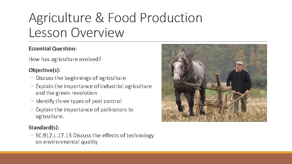 Agriculture & Food Production Lesson Overview Essential Question: How has agriculture evolved? Objective(s): ◦