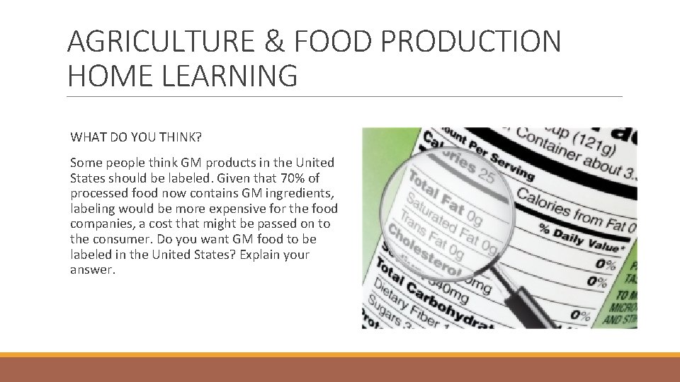 AGRICULTURE & FOOD PRODUCTION HOME LEARNING WHAT DO YOU THINK? Some people think GM