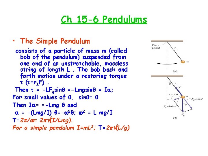 Ch 15 -6 Pendulums • The Simple Pendulum consists of a particle of mass