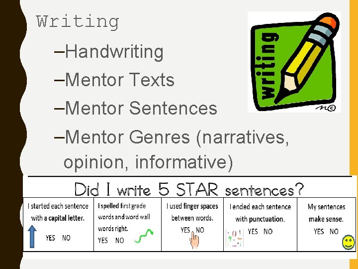 Writing –Handwriting –Mentor Texts –Mentor Sentences –Mentor Genres (narratives, opinion, informative) 