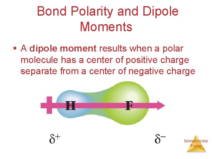 Bond Polarity and Dipole Moments § A dipole moment results when a polar molecule