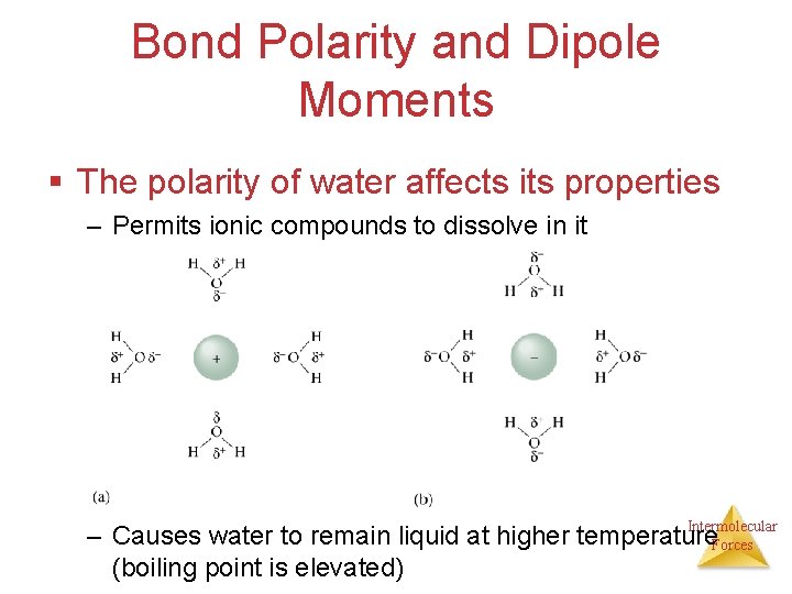Bond Polarity and Dipole Moments § The polarity of water affects its properties –