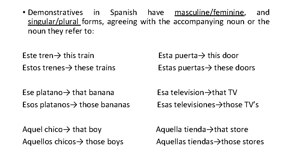 • Demonstratives in Spanish have masculine/feminine, and singular/plural forms, agreeing with the accompanying
