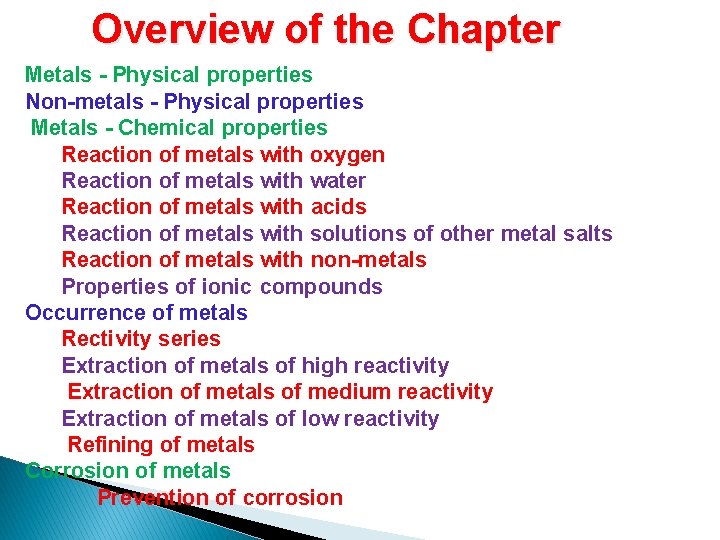 Overview of the Chapter Metals - Physical properties Non-metals - Physical properties Metals -