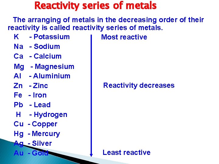 Reactivity series of metals The arranging of metals in the decreasing order of their