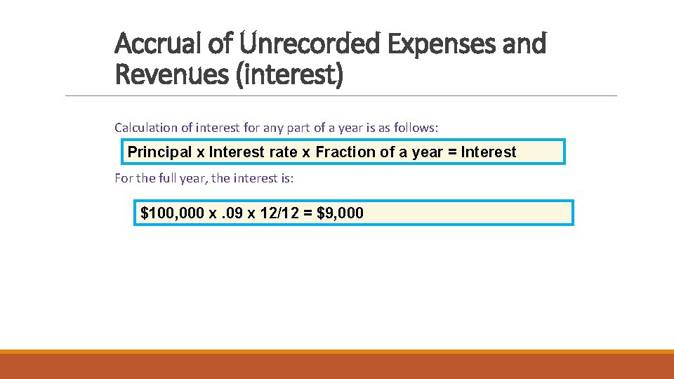 Accrual of Unrecorded Expenses and Revenues (interest) Calculation of interest for any part of
